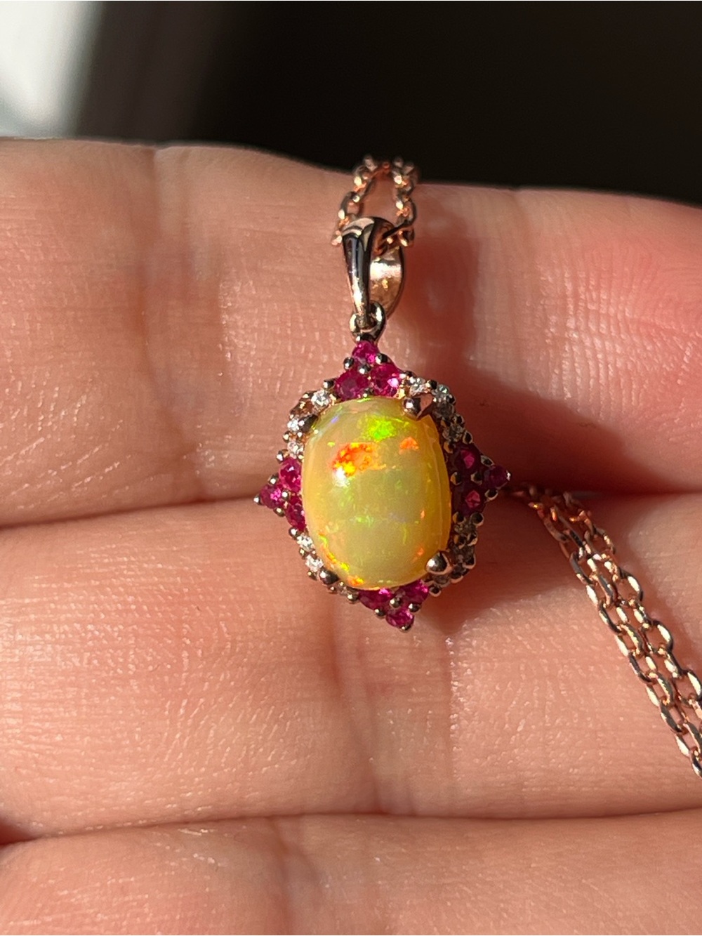 Rose Gold Opal Pendant Necklace with Rubies and Diamond’s in 10k - Picture 13 of 17
